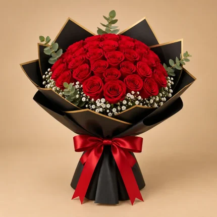 50 red roses arranged in a full dome with baby's breath and eucalyptus in black and gold wrapping