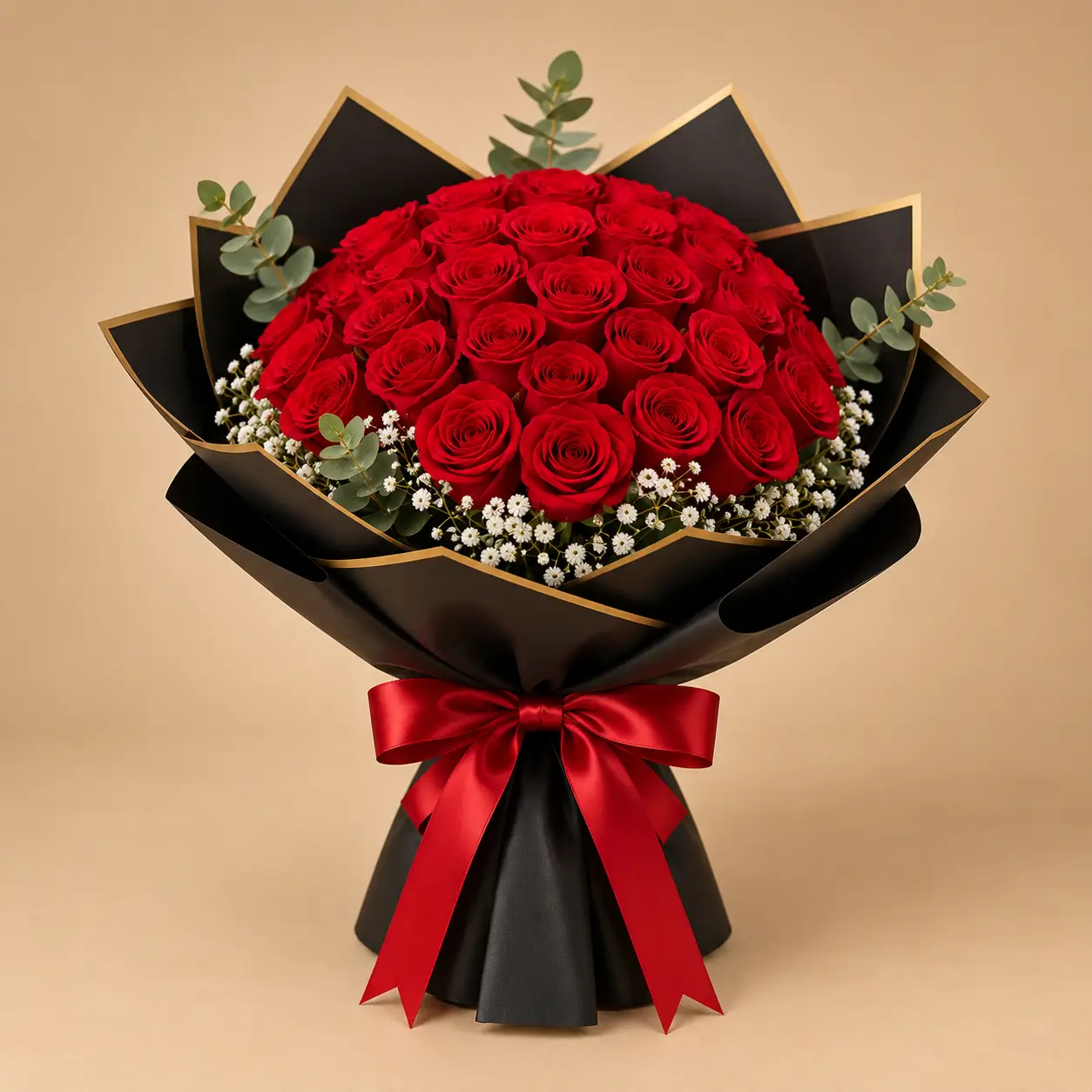 باقة 50 وردة حمراء بتغليف أسود وذهبي 50 red roses arranged in a full dome with baby's breath and eucalyptus in black and gold wrapping
