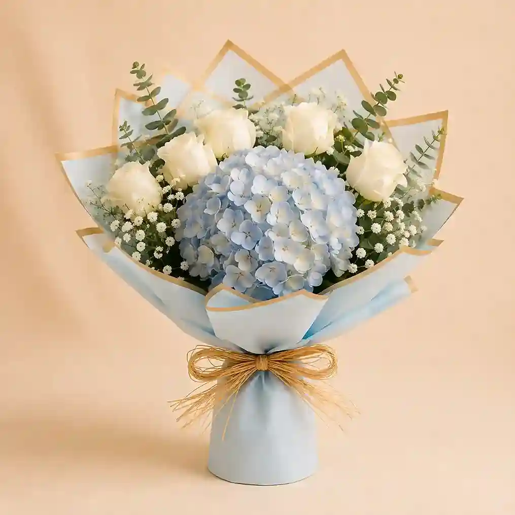 Blue Hydrangea & White Rose Bouquet Blue Hydrangea & White Rose Arrangement - Image 1