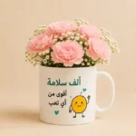 Get Well Soon ceramic mug with smiling character filled with pink carnations and baby's breath