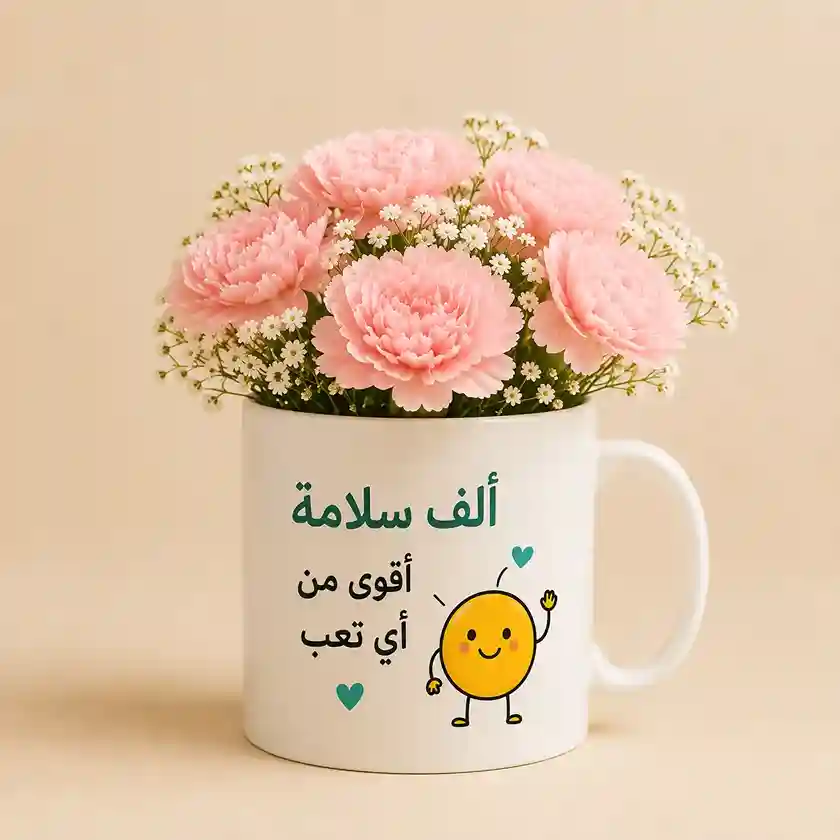 كوب مع ورود طبيعية وتمنيات بالشفاء العاجل Get Well Soon ceramic mug with smiling character filled with pink carnations and baby's breath