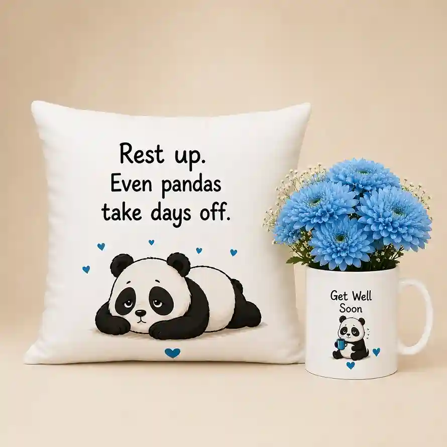طقم وسادة وكوب باندا مع تمنيات بالشفاء العاجل Get Well Soon Panda Cushion and Mug Set featuring a hand-drawn panda holding a mug