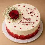 Happy Anniversary cake with ivory buttercream, red brushstroke, deep red rose, red hearts and pearl details