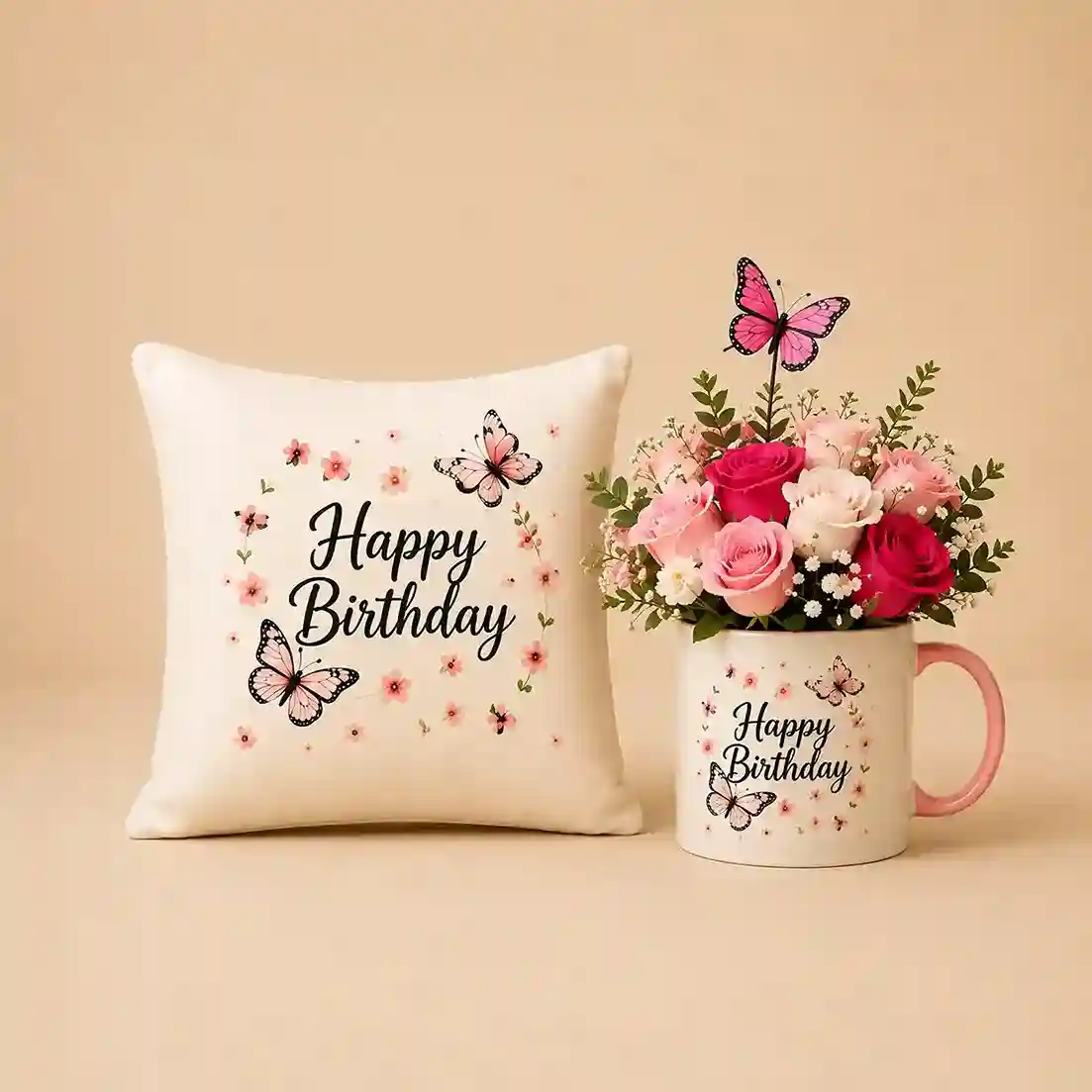 Happy Birthday Gift Set – Cushion, Mug & Roses. Happy Birthday Gift Set – Cushion, Mug & Roses - Image 1