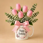 Happy Birthday Mug with Pink Tulips – Arabic or English - Image 2
