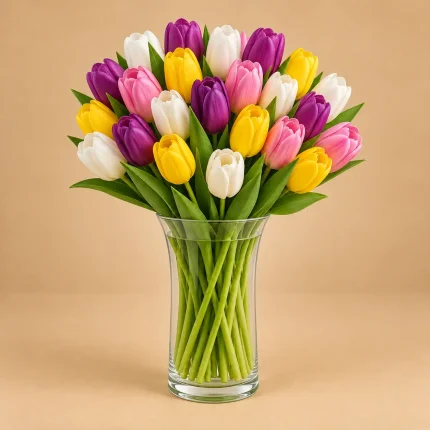 Mixed pink, red, white, yellow and purple tulips arranged in a clear glass vase