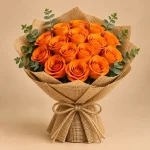 Full dome orange rose bouquet hand-tied in black and gold, blush or natural burlap wrapping