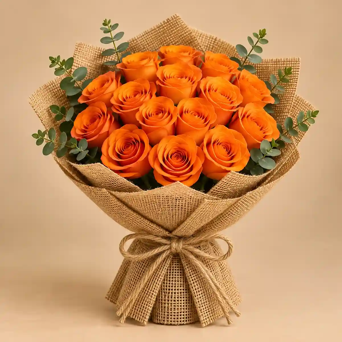 باقة ورد برتقالية – خيارات متعددة Full dome orange rose bouquet hand-tied in black and gold, blush or natural burlap wrapping