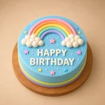 Pastel rainbow birthday cake for kids with white clouds, Happy Birthday message and pink or blue decorations