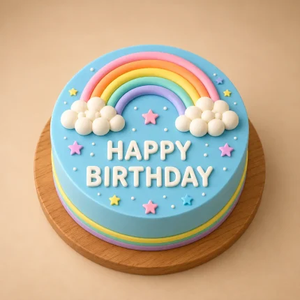 Pastel rainbow birthday cake for kids with white clouds, Happy Birthday message and pink or blue decorations
