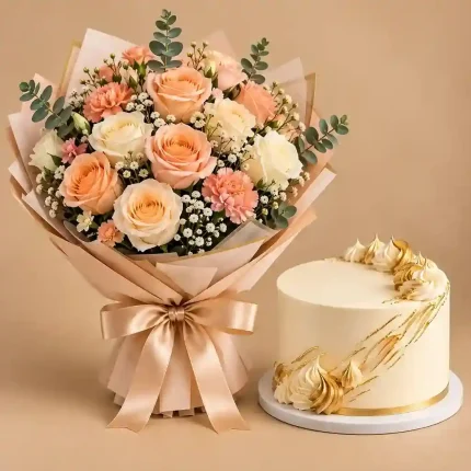 peach and orange rose bouquet with cake, peach rose bouquet with cake, orange rose bouquet with cake, peach flower and cake gift, orange flower and cake gift, rose bouquet and cake set, matching flower bouquet and cake, peach roses with white flowers, orange roses with white flowers, peach roses eucalyptus bouquet, orange roses eucalyptus bouquet, warm color rose bouquet, peach rose bouquet, orange rose bouquet, peach and orange flower bouquet, roses and cake gift set, birthday flowers and cake, congratulations flowers and cake, thank you flowers and cake, welcome home flower gift, birthday rose bouquet with cake, colorful rose bouquet with cake, kraft wrapped rose bouquet, satin bow rose bouquet, matching cake and flower gift, flower and cake delivery Jeddah, flower and cake delivery Mecca