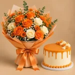 Peach & Orange Rose Bouquet with Cake - Image 2