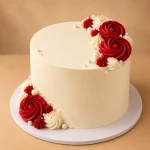 Ivory pearl cake with deep red roses and baby's breath for an anniversary or engagement celebration