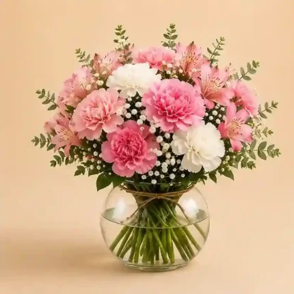 Pink Carnation & Alstroemeria Bouquet in Glass Vase