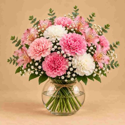 Pink and white carnations with pink alstroemeria, baby's breath and eucalyptus in a rounded glass vase