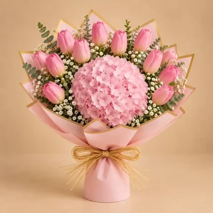 Pink hydrangea bouquet with pink tulips or roses, baby's breath, eucalyptus and blush wrapping