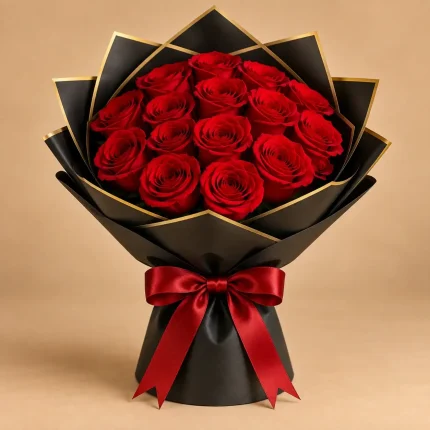 Full dome deep red rose bouquet with baby's breath and elegant wrap options