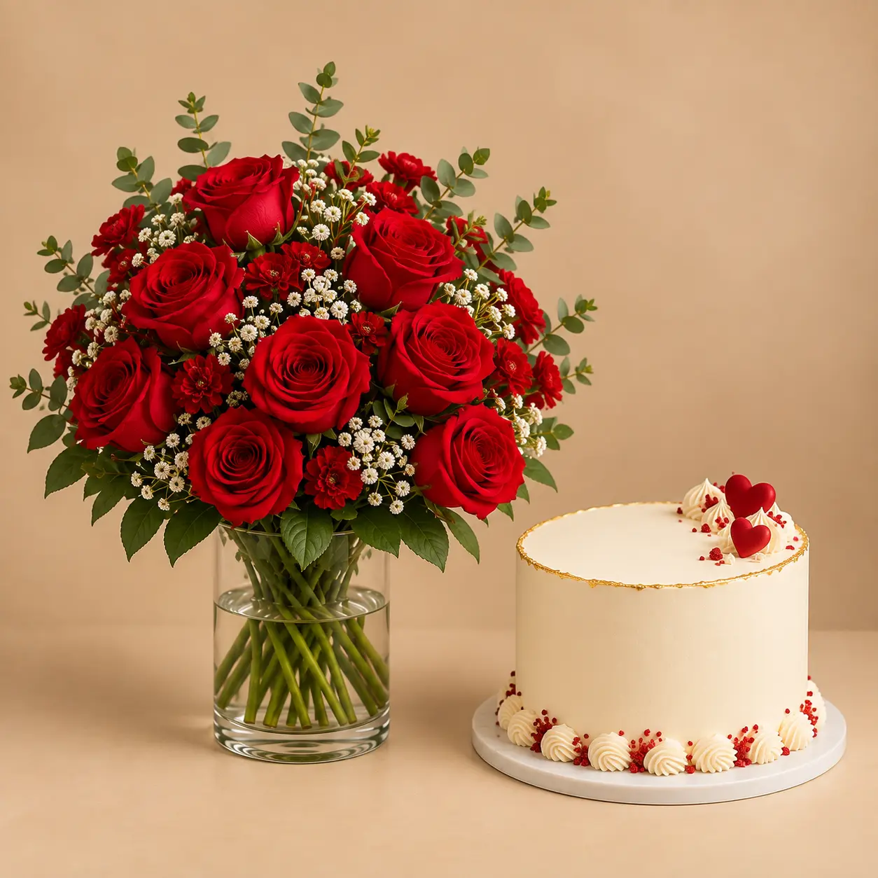 Red Rose Vase Arrangement with Heart Cake Deep red rose vase arrangement with eucalyptus and waxflower paired with a red velvet heart cake