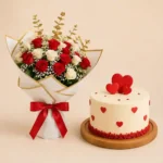 Red & White Roses with Heart Cake