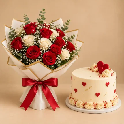Red and white roses with baby's breath and gold-touched eucalyptus paired with a vanilla heart cake