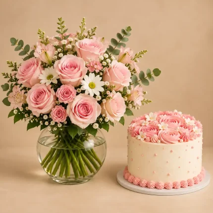 Pink or yellow rose vase arrangement with daisies, spray blooms and eucalyptus paired with a matching cake