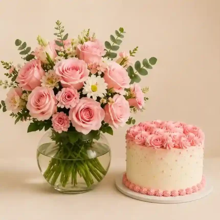 Rose Vase Arrangement with Matching Cake