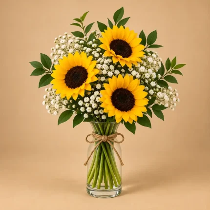 Three fully open sunflowers with baby's breath and fresh green foliage in a clear glass vase