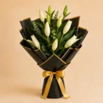 White lily bouquet with eucalyptus, wide satin bow and cream, black and gold, sage or blush wrap options