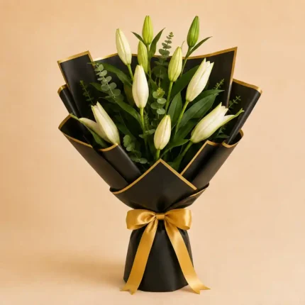 White lily bouquet with eucalyptus, wide satin bow and cream, black and gold, sage or blush wrap options