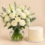 White Rose & Lily Vase Arrangement with Cake
