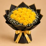 Full dome yellow rose bouquet with baby's breath in black and gold, ivory and gold or sage wrapping