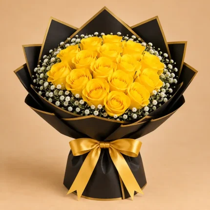 Full dome yellow rose bouquet with baby's breath in black and gold, ivory and gold or sage wrapping