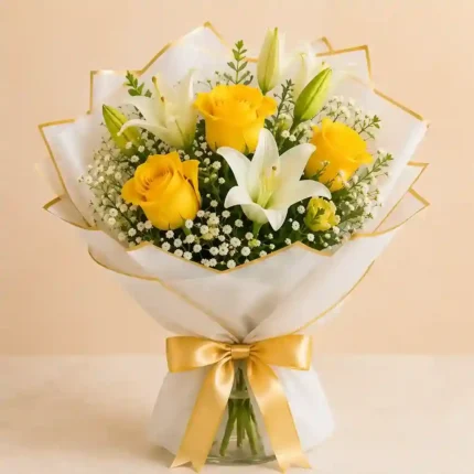 Yellow Rose & White Lily Bouquet