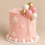 Tall blue or pink Balloon Bunch Cake with sugar balloons, themed decorations and piped shell border