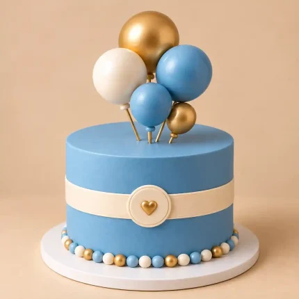 Soft pink or blue balloon cake with ivory band, gold heart medallion, pearl border and sugar balloons
