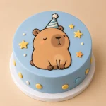Blue bear kids birthday cake with edible bear artwork, stars, hearts, confetti and colorful birthday details