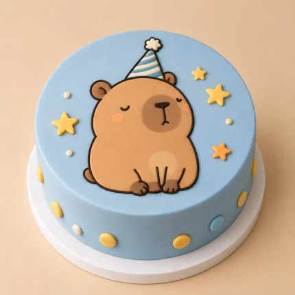 Blue bear kids birthday cake with edible bear artwork, stars, hearts, confetti and colorful birthday details