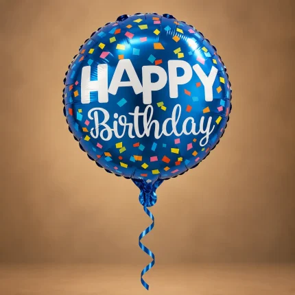 Blue Happy Birthday foil balloon with metallic finish and colorful confetti details