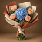 Blue hydrangea with four peach roses and eucalyptus in ivory and terracotta wrapping