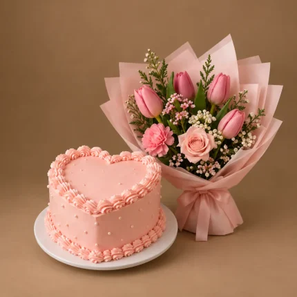 Blush heart-shaped cake with pink tulip bouquet and fresh flowers