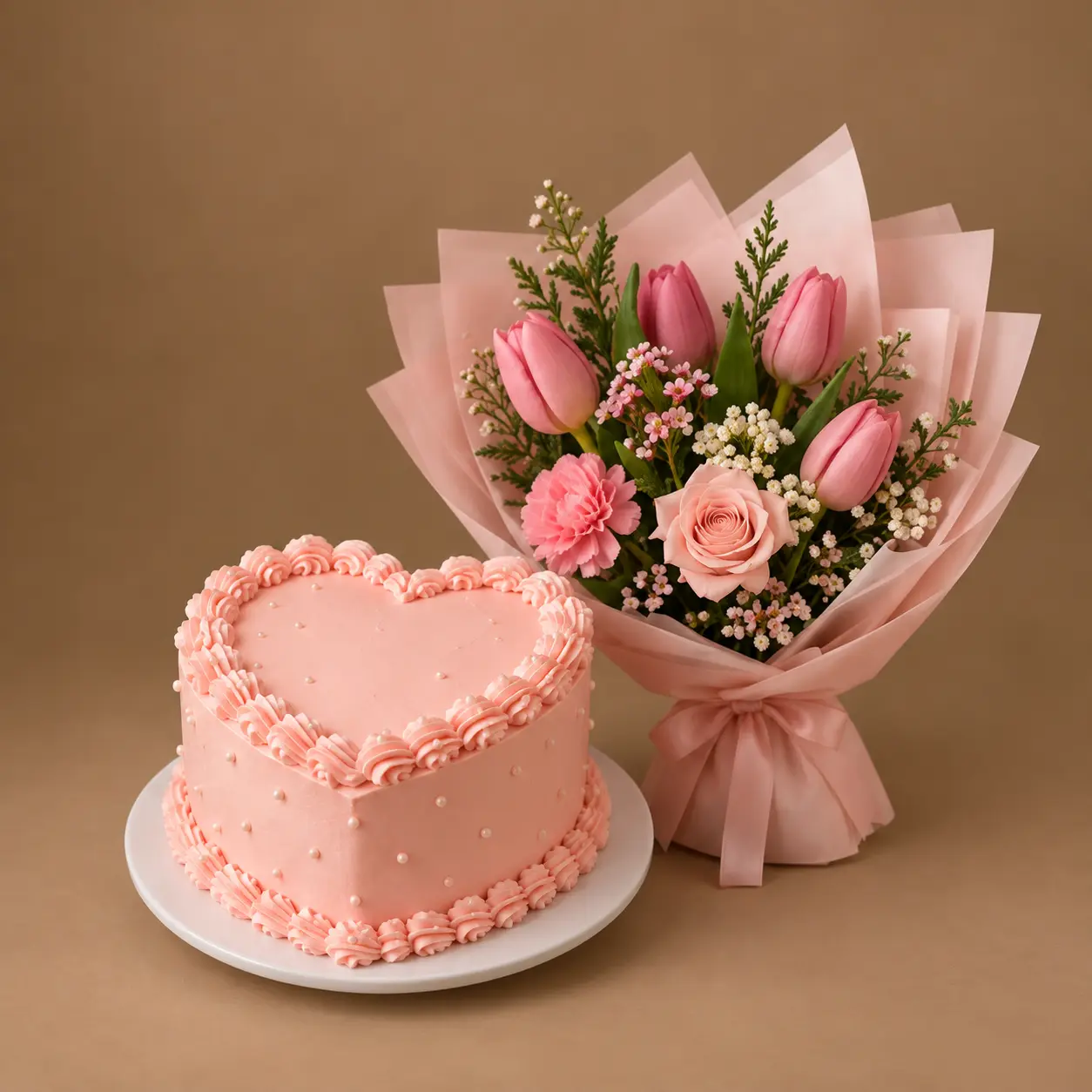 كيكة قلب وردية ناعمة مع باقة توليب وردي Blush heart-shaped cake with pink tulip bouquet and fresh flowers