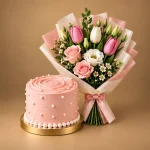 Blush pearl cake with pink tulips, blush roses and white lisianthus bouquet