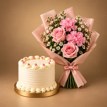 Ivory pearl cake with blush rose bouquet and pink carnations