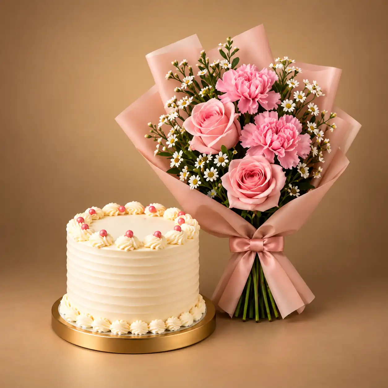 Blush Pearl Cake & Pink Tulip Rose Bouquet (2) Ivory pearl cake with blush rose bouquet and pink carnations