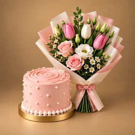Blush pearl cake with pink tulips, blush roses and white lisianthus bouquet