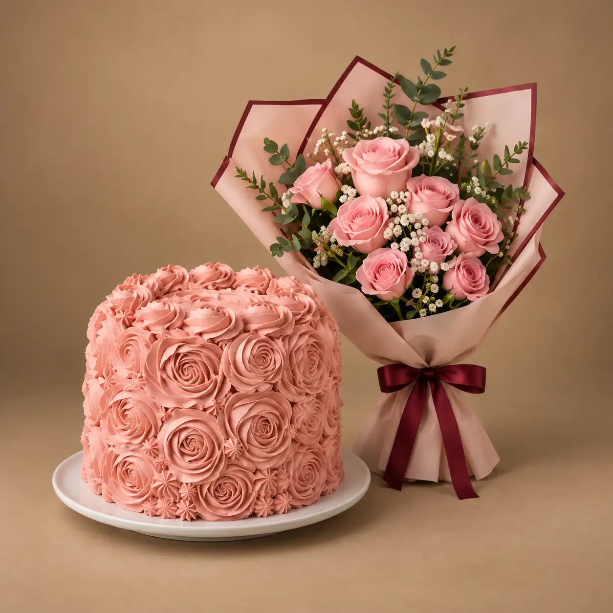 Blush Rose Cake & Pink Rose Bouquet Blush rose cake with edible buttercream roses and pink rose bouquet