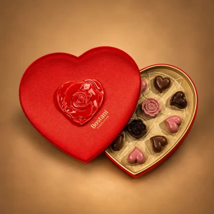 Bostani heart-shaped chocolate box in a red box with rose detail