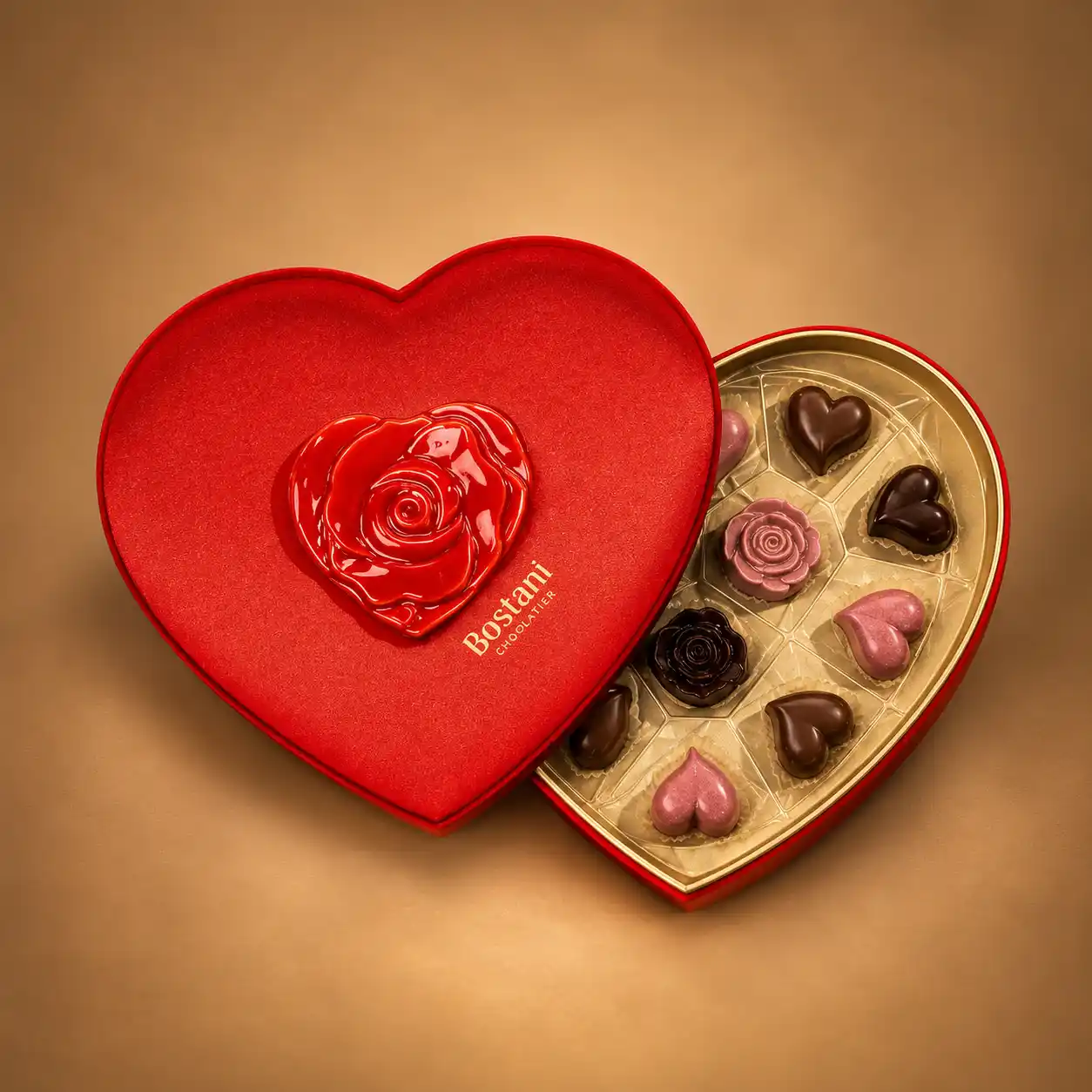 Bostani Heart Chocolate Box Bostani heart-shaped chocolate box in a red box with rose detail
