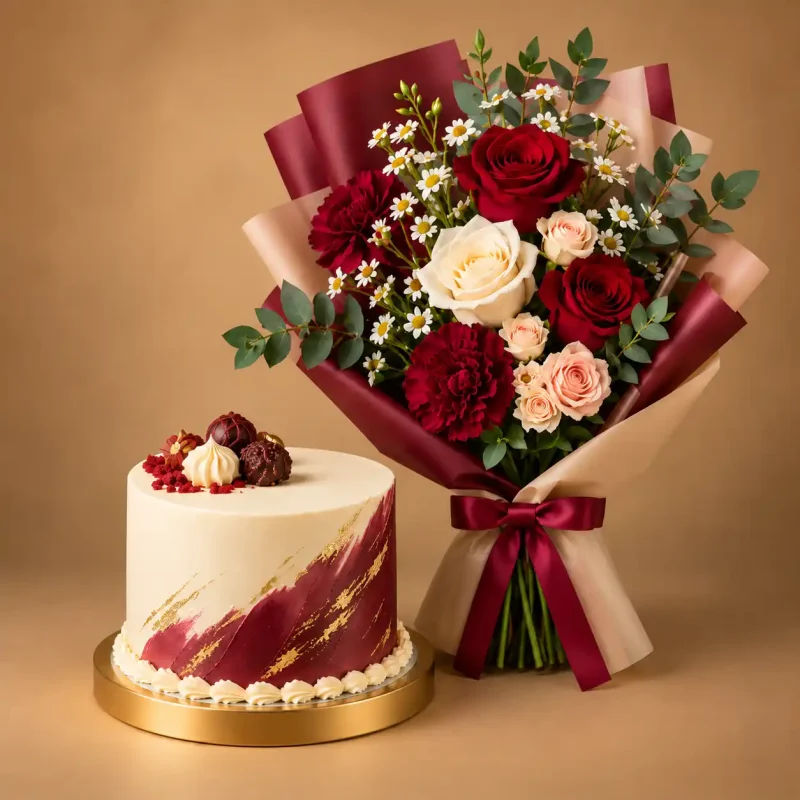 Burgundy gold cake with red rose bouquet and ivory buttercream