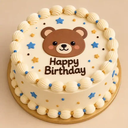 Kids character birthday cake with fondant bear or dinosaur, piped shell border and personalized message